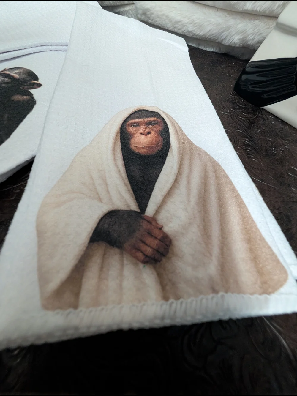 Source Unknown White Hand Towels with Monkey Print - Set of 3
